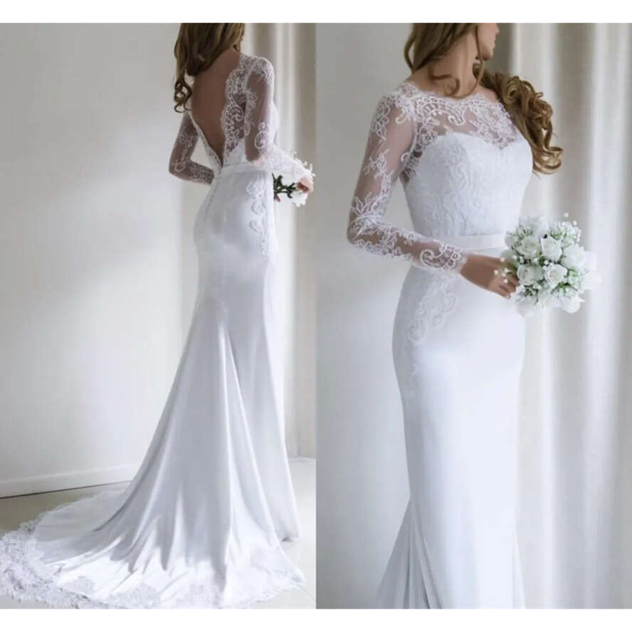 White Lace Mermaid Dresses 2020 Sheer Long Sleeves Satin Appliques Backless Vestido De Novia Plus Size Wedding Bridal Gowns