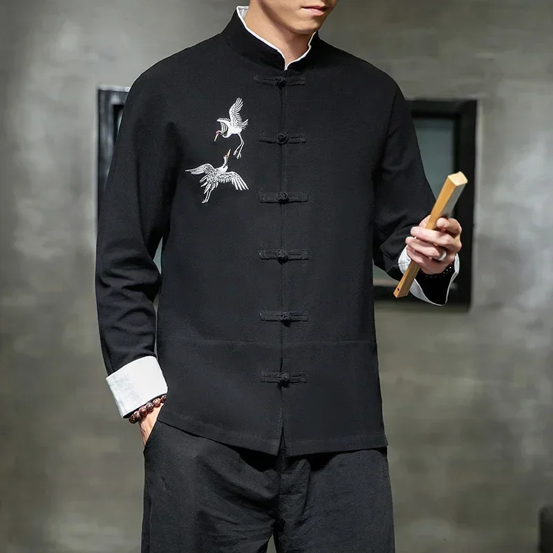 Crane embroidered shirt traditional Chinese retro mens half sleeved linen solid Madarin collar Hanfu Kungfu cardigan 241126