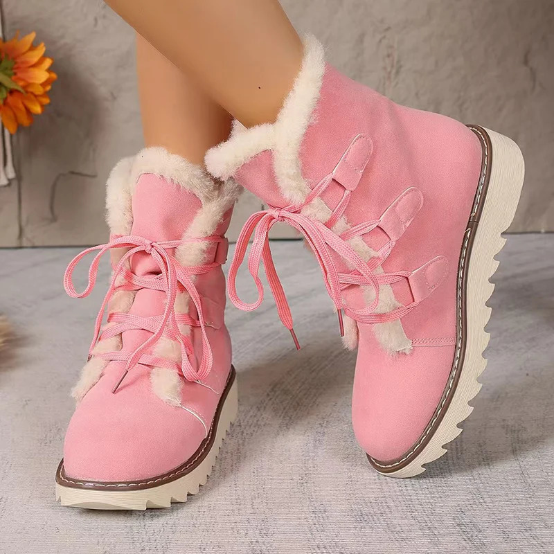 Winter Thicken Plush Ankle Boots Women Lace-Up Non-Slip Keep Warm Snow Boots Woman Faux Fur Flat Heel Warm Cotton-Padded Shoes 241114