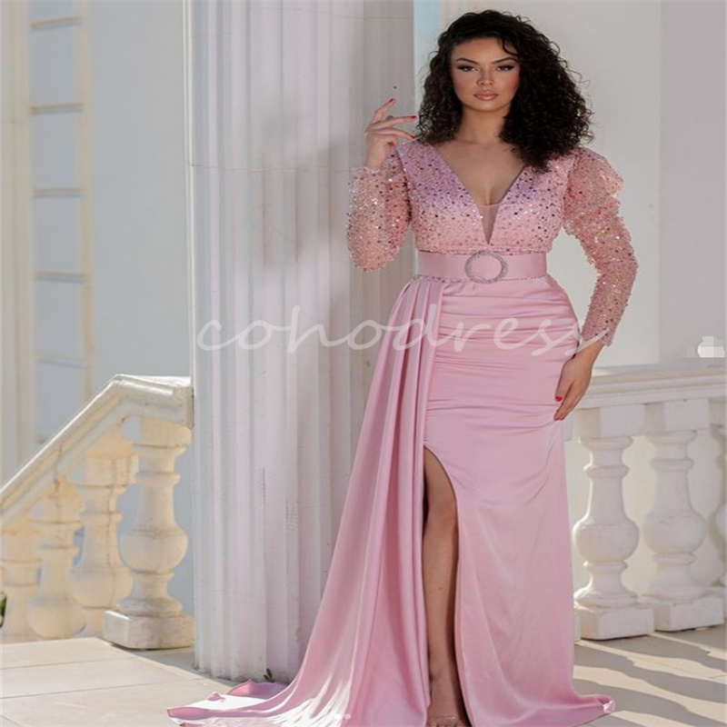 Arabic Pink Dubai Prom Dresses With Slit Plus Size Mermaid Sequin Evening Gowns Long Sleeve Satin Formal Ocacsion Birthday Robes De Soiree