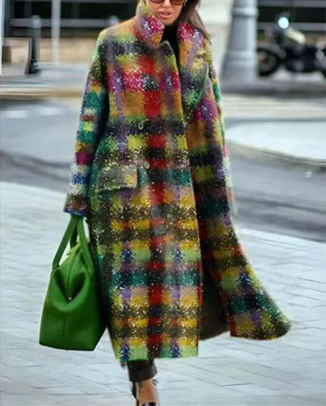 Womens long double-sided printed coarse woolen coat autumn elegant lapel lace fashionable open collar jacket long sleeved loose jacket 241125