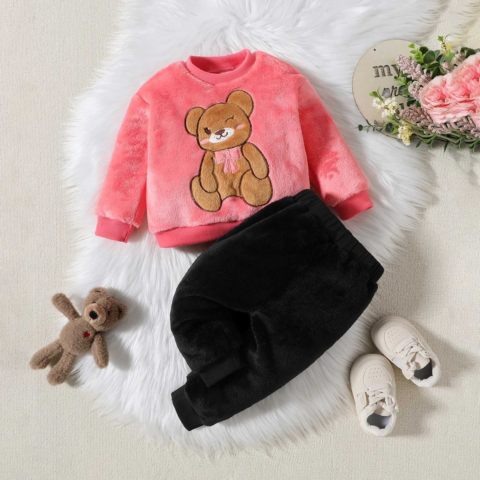 Clothing Sets 2PCS Kids Coral Plush Cute Teddy Bear Hoodie Autumn Winter Warmth Set Boys Girls Children Babies Warm Costume Suit 0-24M H241126
