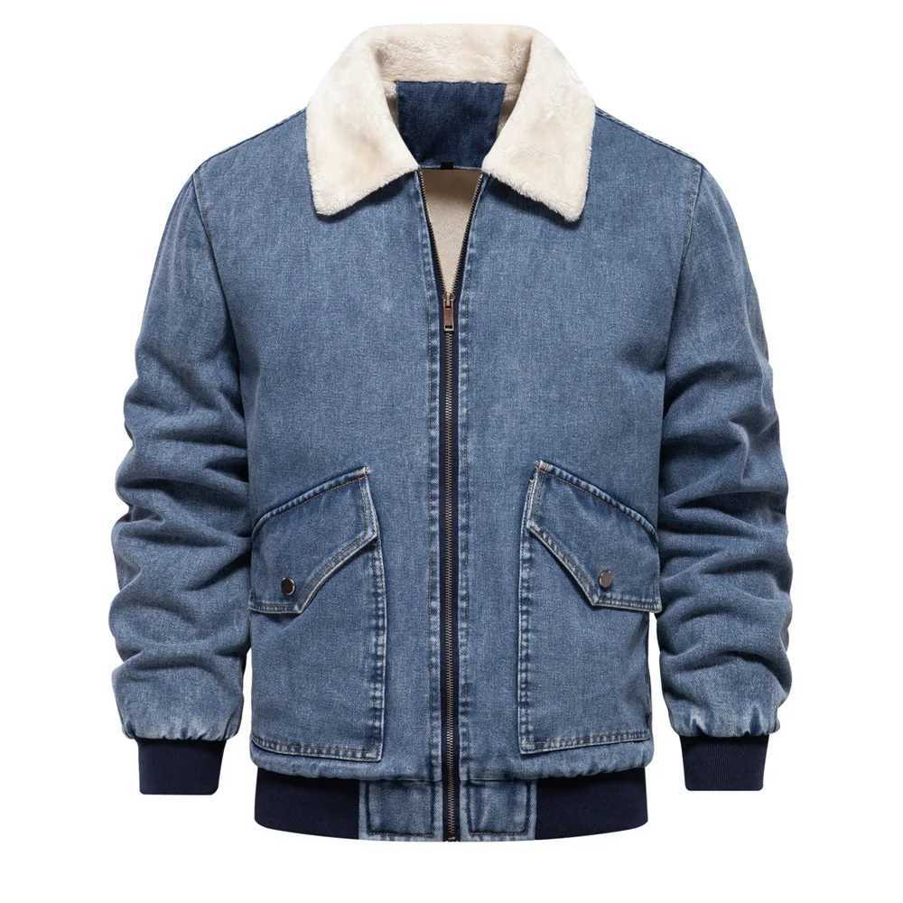 Winter new mens denim jacket thick wool windproof insulation full zipper fashion solid color mens jacket W241125