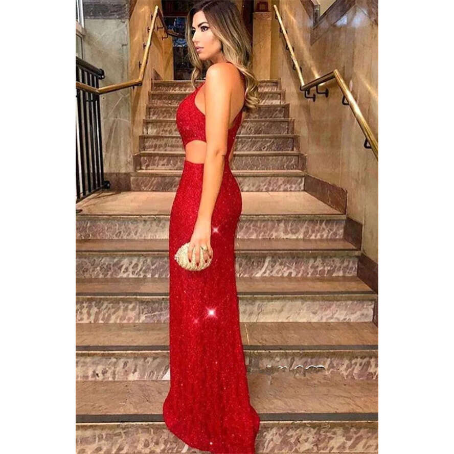 Red Sequins Mermaid Long Evening Gown with One Shoulder and Split Cut Away Sweep Train