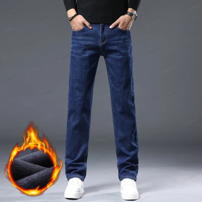 Winter Fleece Warm Thick Jeans Men Business Straight Denim Pants Plush Flocking Work Outdoors Blue Trousers Male 241126wtt