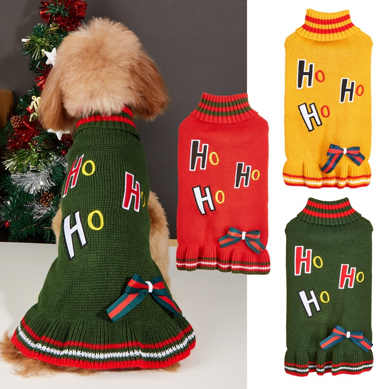 Christmas Pet Sweater Dress Cat Dog Clothes Autumn and Winter HoHo High Neck Bow Embroidery Skirt