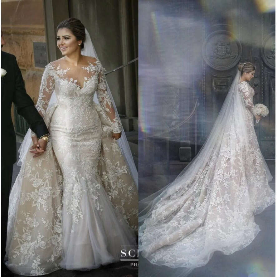 Vintage Mermaid Dresses With Detachable Train Arabic Lace Appliques Plus Size Wedding Dress Sheer Long Sleeves Bridal Gowns Bc2575