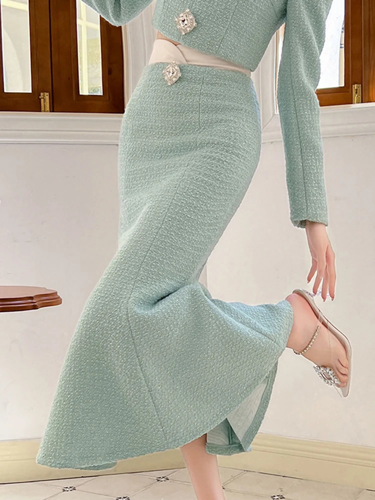 Elegant and fashionable long womens sweet green coarse tweed diamond fishtail skirt womens work style clothing party business clothing womens clothing