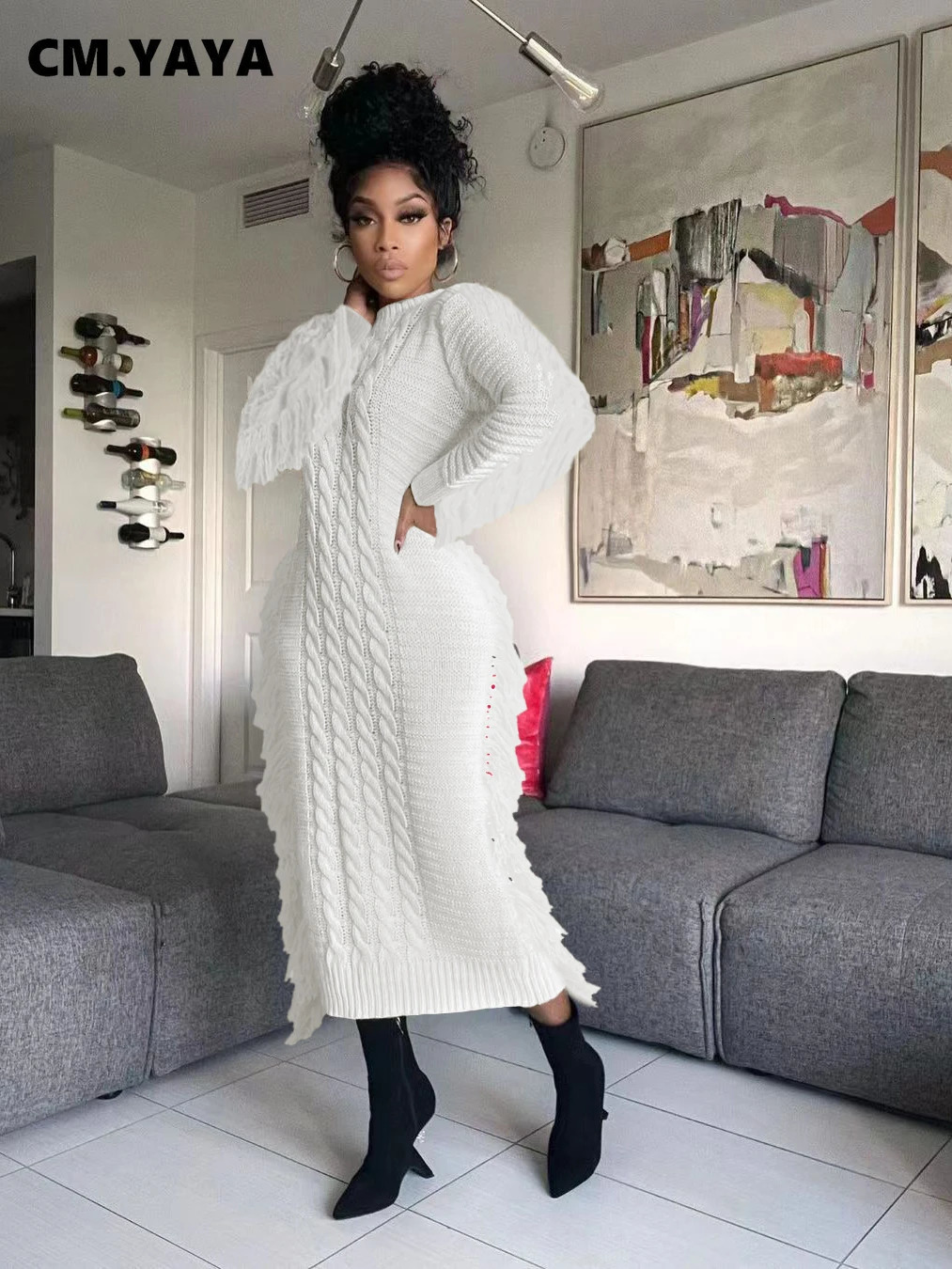 CMYAYA Women Long Sleeve Tassel Bodycon Midi Knit Straight Maxi Dress Autumn Winter Oneck Sweater Vestidos Dresses 241112