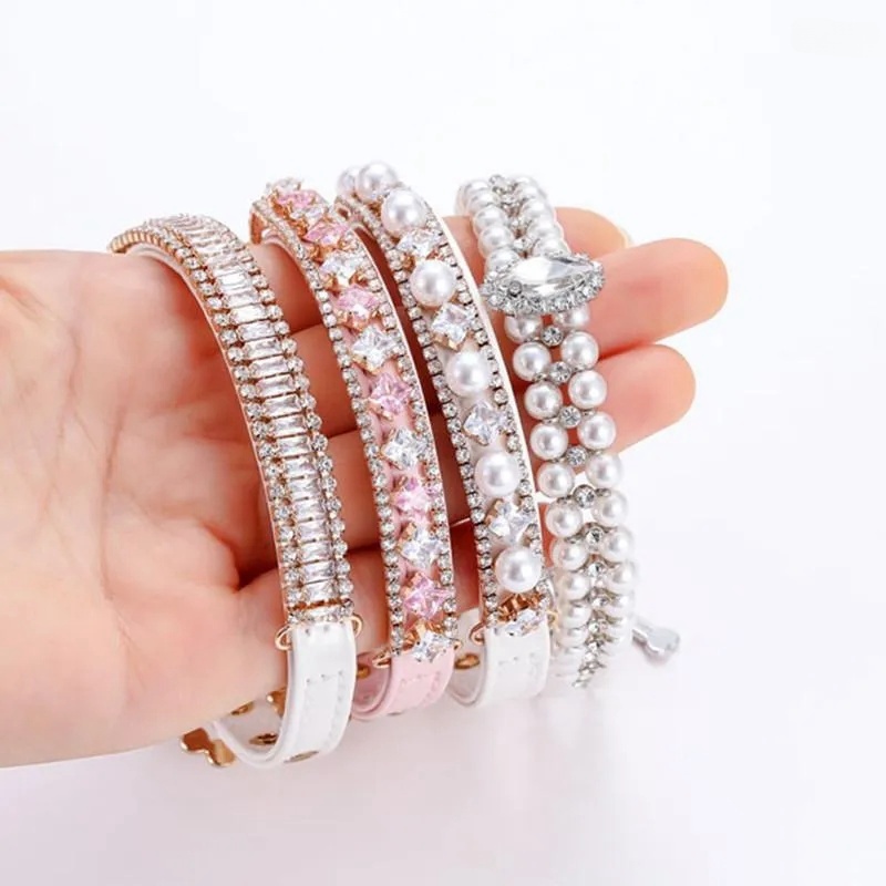 Designer Dog Collars Cat Collars Adjustable Pearl With Crystal Rhinestone Necklace PU Neck Strap For Small Dogs Accessories