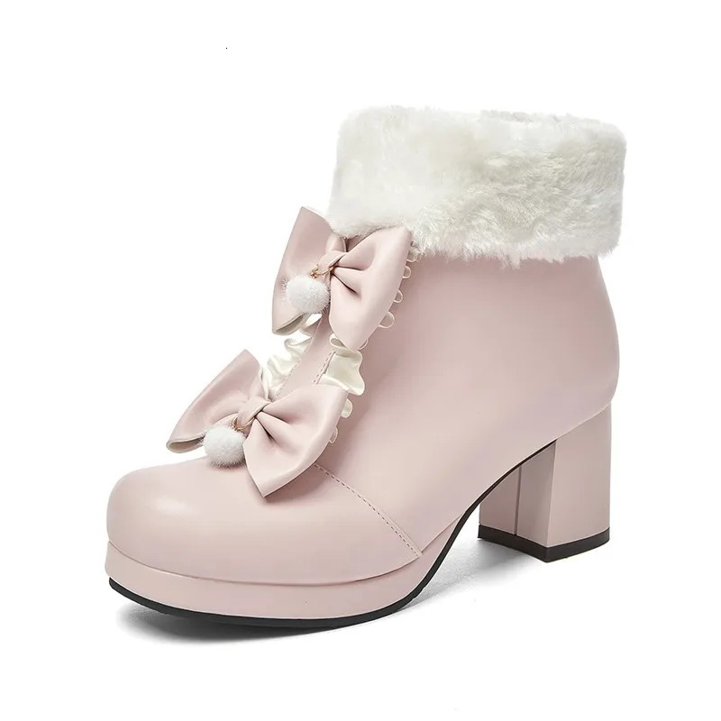 Winter Warm Wool Fur Decoration Sweet Lolita Shoes Womens Ankle Boots Role Playing Kawaii Princess Platform Girl Botas Plus Size 43 241126