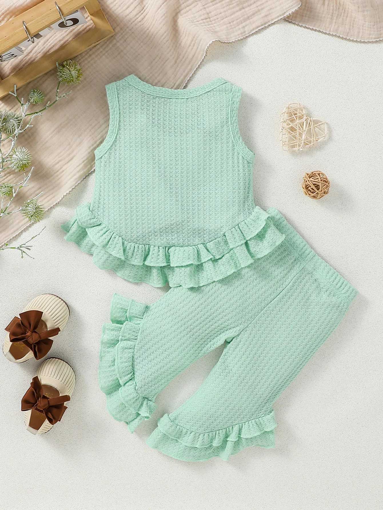Clothing Sets Baby Girls Summer Green Sleeveless Top+Trousers With Ruffled Fashion Vacation Set Clothing H241126