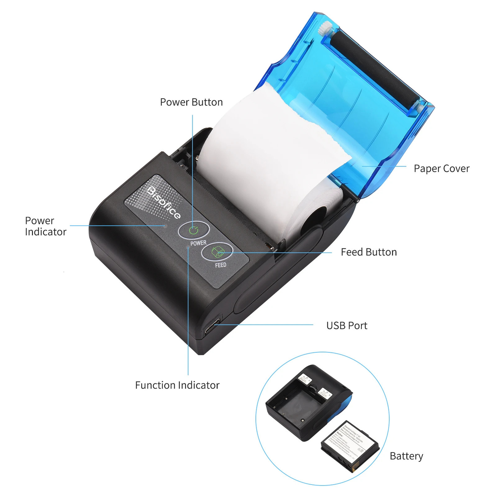Bisofice portable mini thermal printer 2-inch wireless USB receiver receipt printer with 58mm printing paper suitable for Android operating system 241