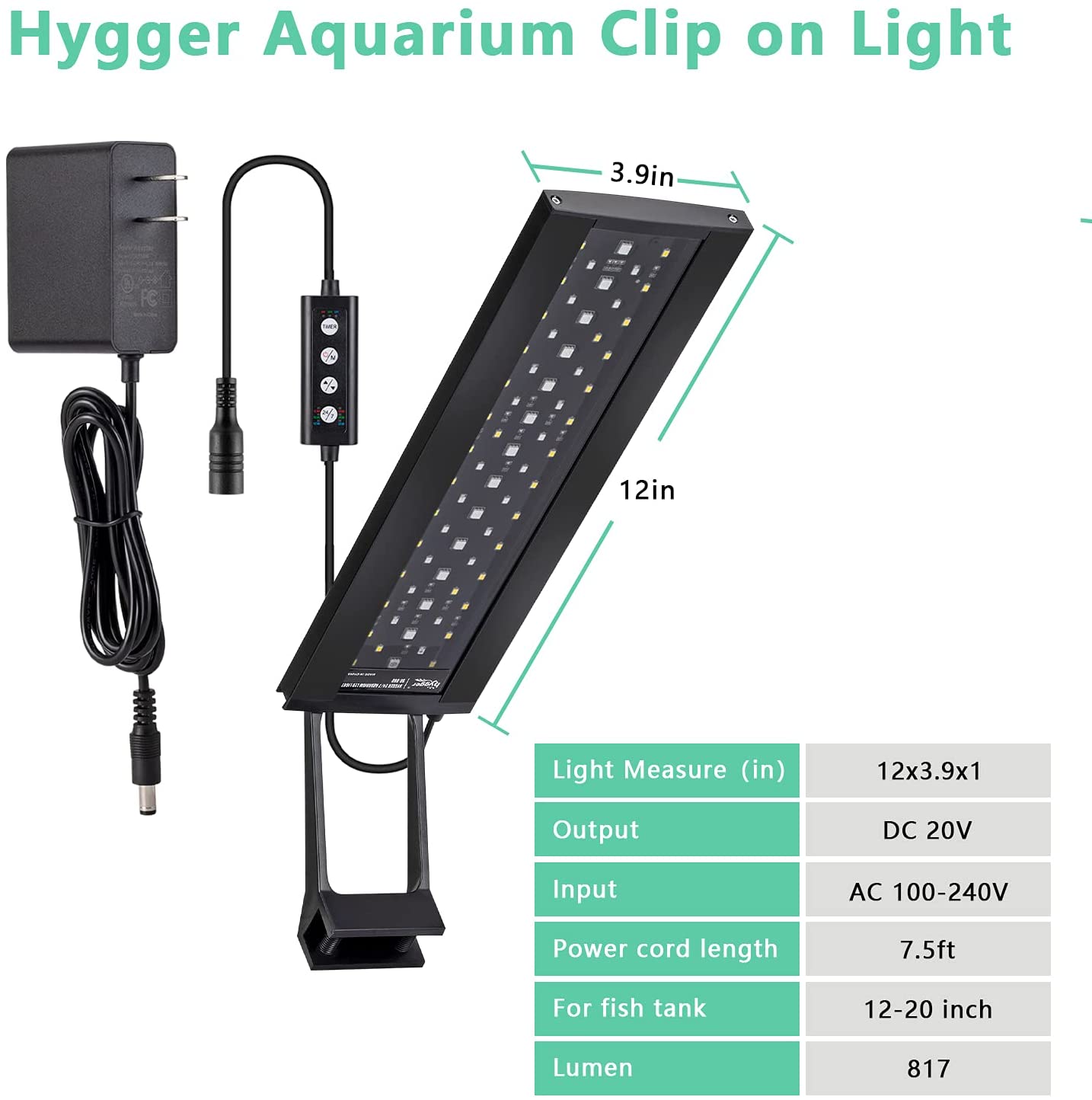 Hygger Aquarium Fish Tank Clip-on Light Aquarium Plant Full Spectrum LED Lamp with Built-in Timer