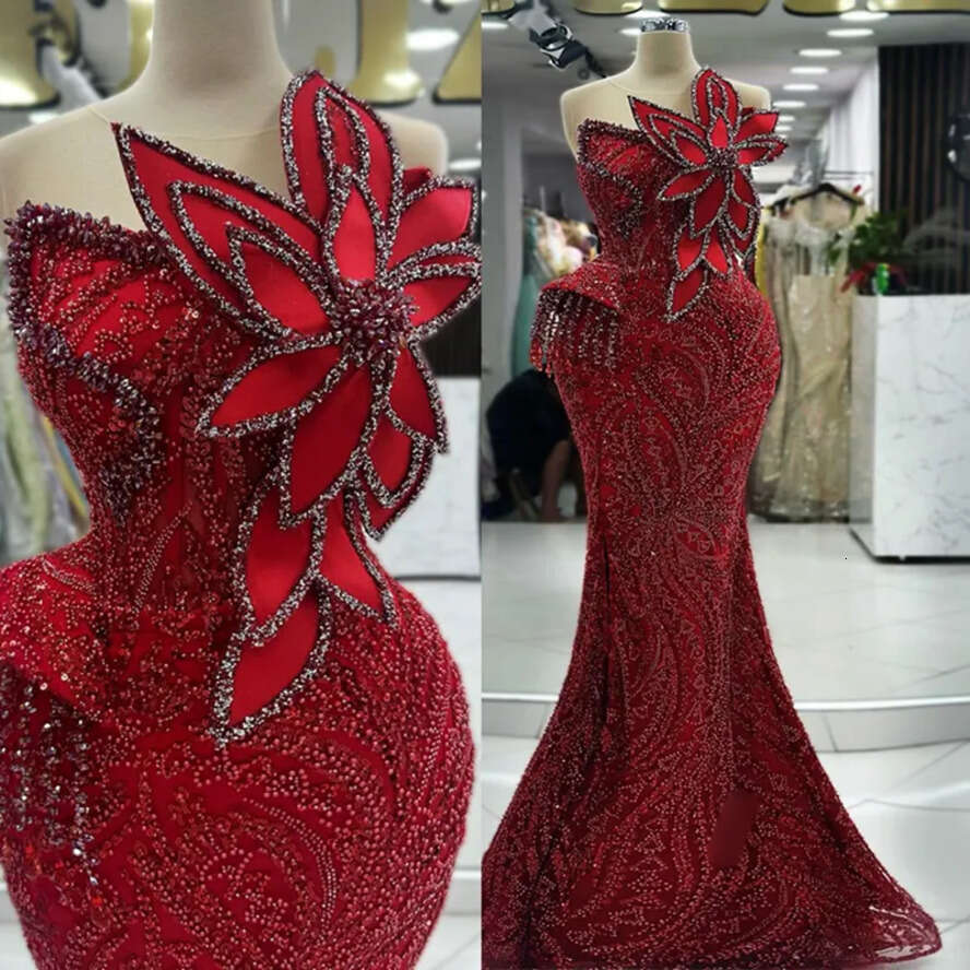2024 Red Mermaid Prom Sheer Neck Promdress Evening Formal Beaded Lace Rhies Decorated Birthday Dress Second Reception Gowns Gala Gown