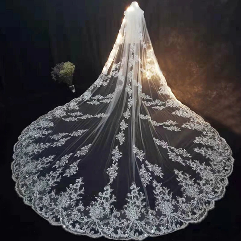 5 meters 4 meters 3 meters long wedding veil lace decal edge 1 T sheer cathedral veil with comb ivory Velo de Novia Voile Mariee 241126