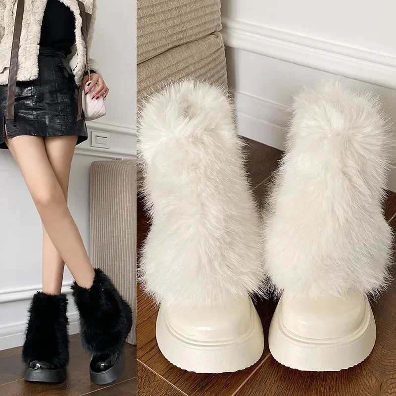 Fashion Versatile Furry Women Shoes Korean Style Fashion Thick Sole Womens Boots Winter Fleece Warm Ladies Modern Boot 241114