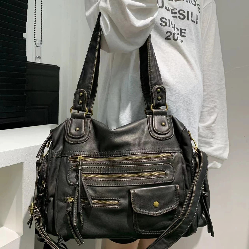 Annmouler Large Capacity Handbag PU Leather Shoulder Bag Y2K Soft Motorcycle Retro Tote for Women 241125