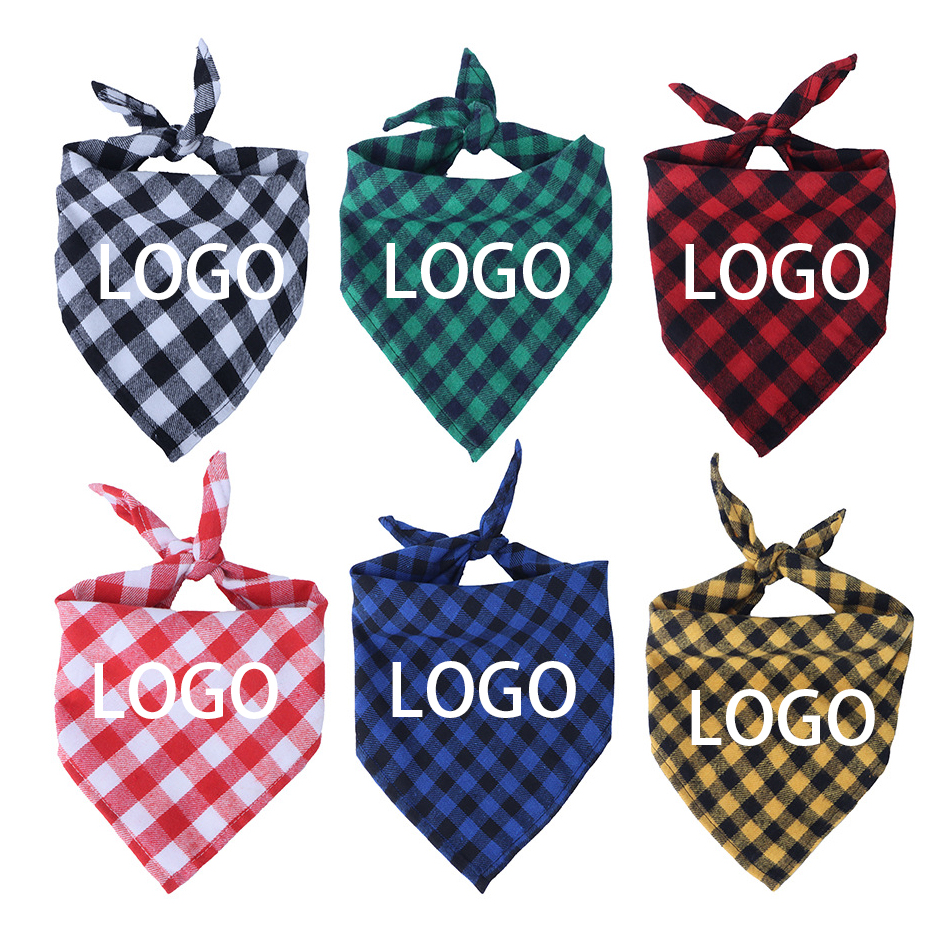 Hot Sale Promotional Gifts Custom Logo Pet Accessories Supplies Cotton Double Layer Printed Plaid Triangle Dog Scarf Bandana