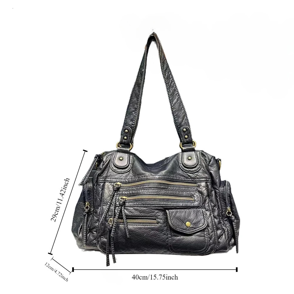 Annmouler Large Capacity Handbag PU Leather Shoulder Bag Y2K Soft Motorcycle Retro Tote for Women 241125