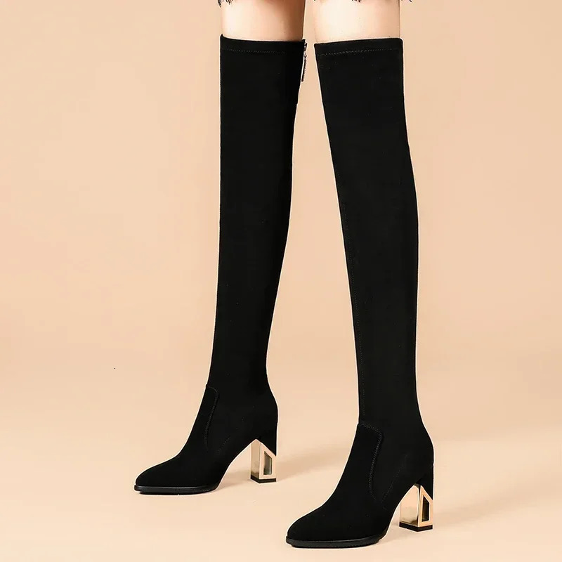 2024 Fashion Shoes for Women Zipper Womens Boots Winter Pointed Toe Suede Solid High Leg Over Knee Chunky Heels Socks Boots 241126