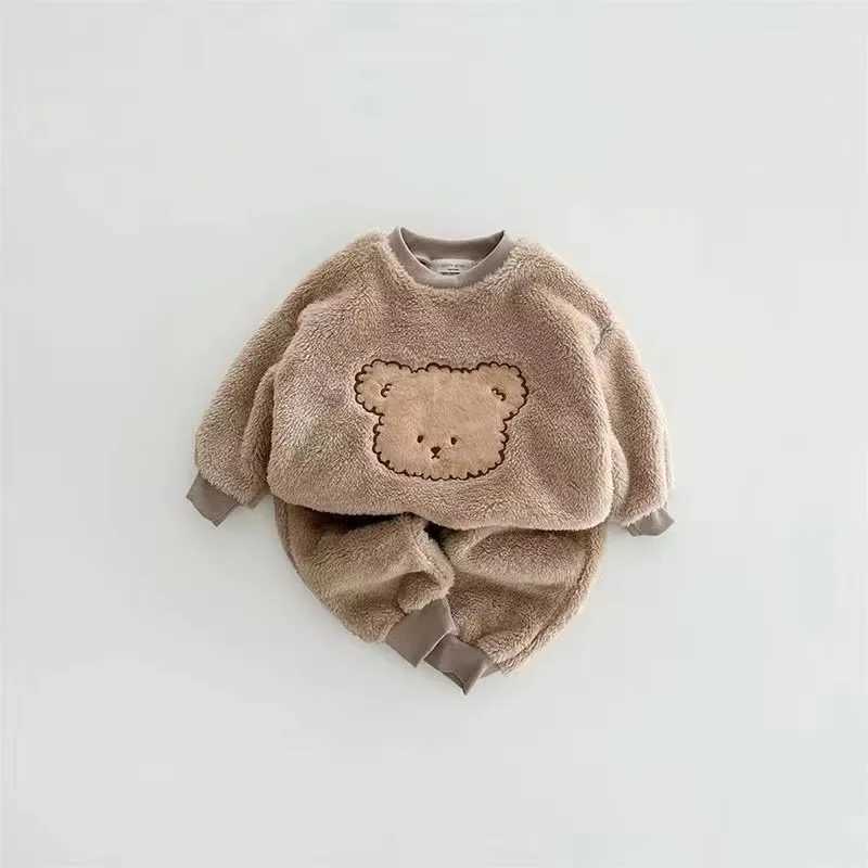 Clothing Sets 2024 new baby autumn and winter cartoon plush two-piece set male and female baby warm outing set bear cute T Z 2 4 6 8 H241126