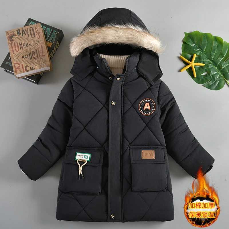 Down Coat 2024 Winter New Boys Jacket Solid Color Lining Plush Keep Warm Fur Collar Hooded Zipper Outerwear For 4-10Y Teen Kids Snowsuit H241123E0R8