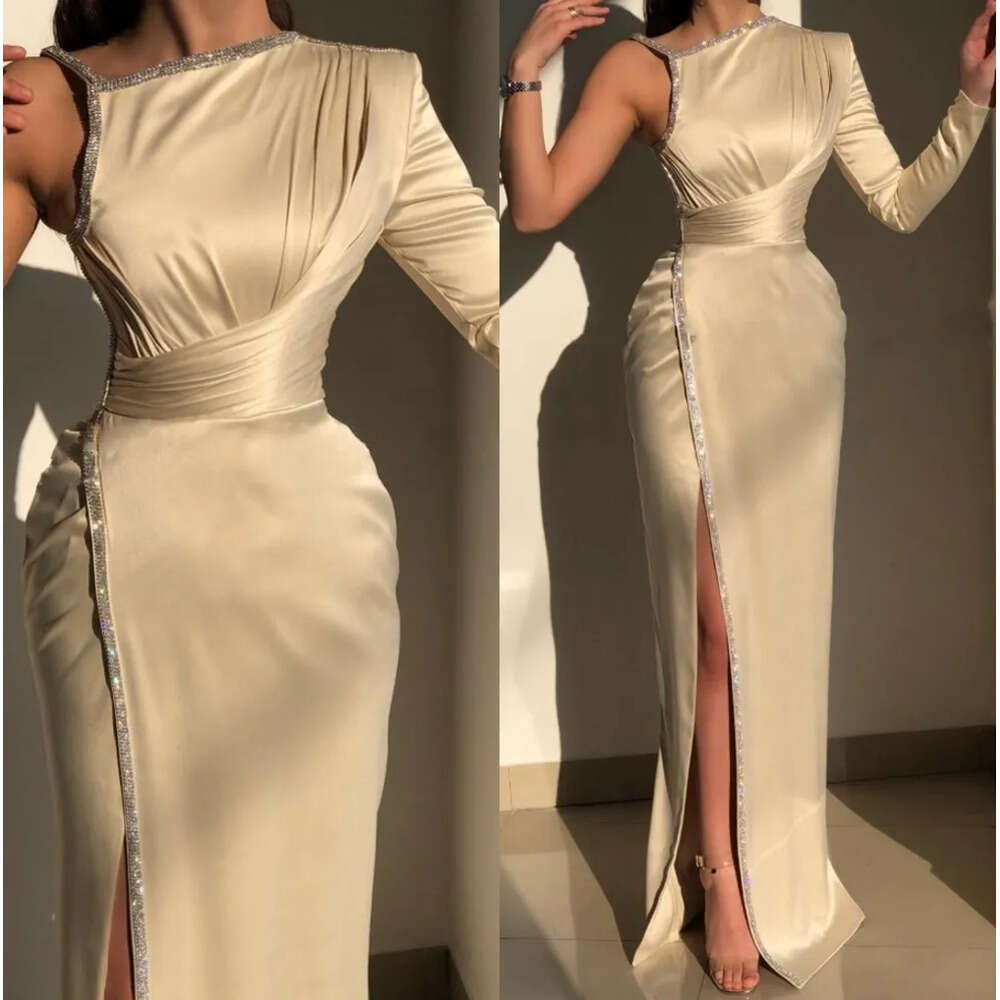 One Shoulder Evening Elegant Satin Dresses Long Sleeves Ruched Beaded High Split Prom Gowns Women Formal Party Wear Bc 6660306