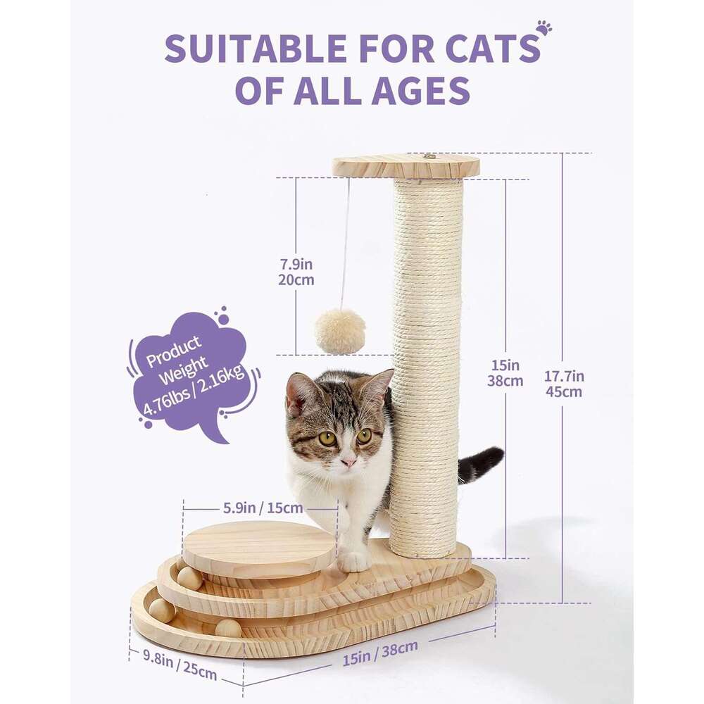 Made4Pets Cat Scratching Post for Indoor Cats Wooden Ball Track Two-Layer Modern Sisal 17.7" Tall Scratch Post Interactive Toy with Dangling Ball