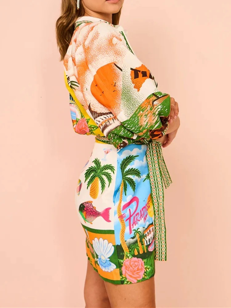 Vintage Printed Lantern Sleeve Women Short Dress Casual Elegant Neck Mini Dresses Party Prom Beach Holiday 2024 240411