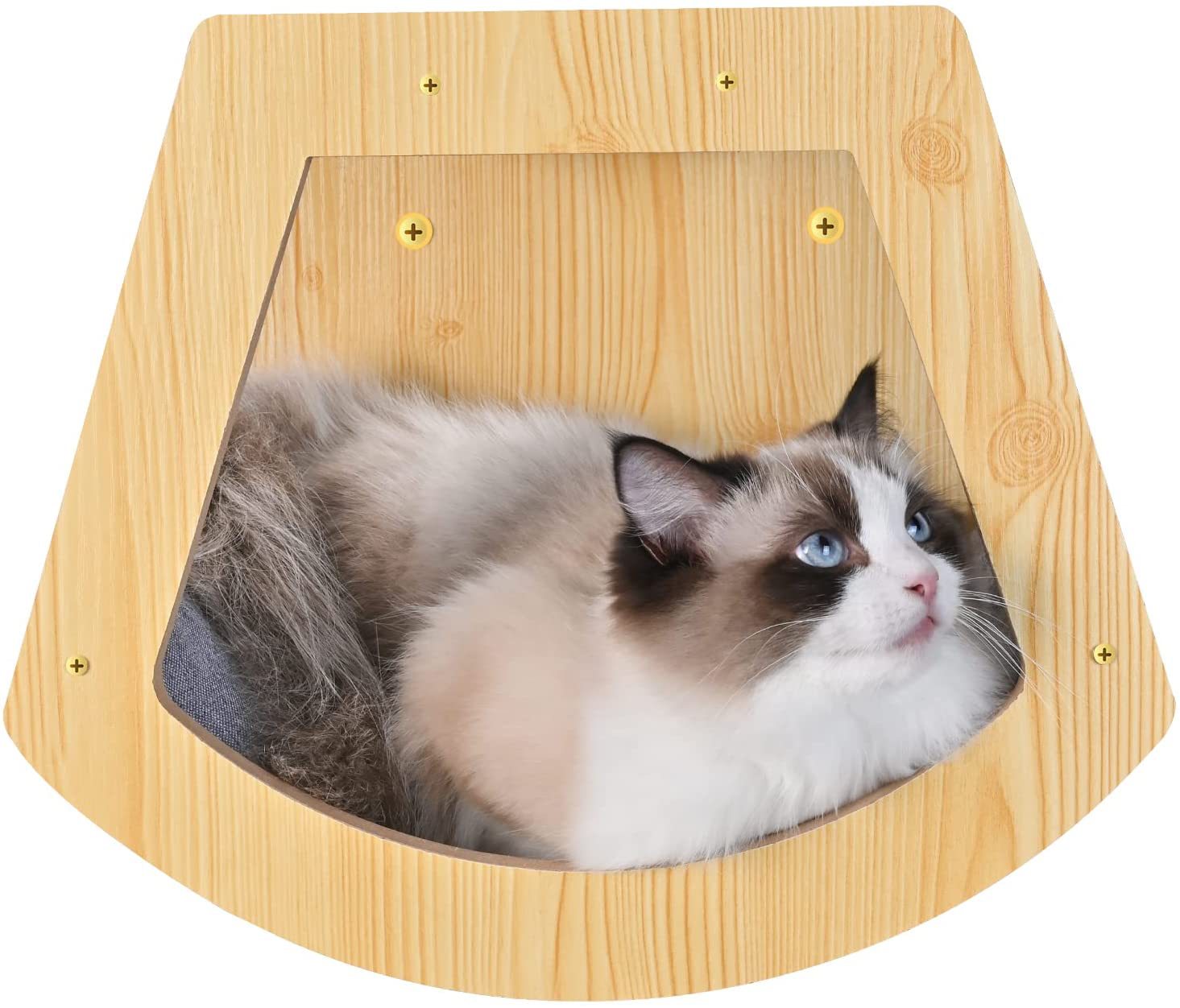 Wooden cat house A wall-mounted cat bed in a wooden habitat