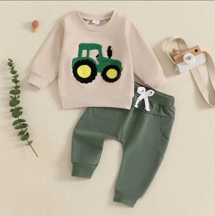 Clothing Sets Toddler Boy Fall Outfits Tractor Embroidery Long Sleeve Round Neck Sweatshirt with Solid Pants Set Boys Tracksuits Set H241126