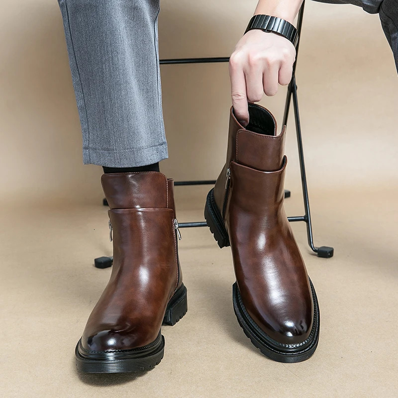 WAERTA Mens Leather Chelsea Boots Fashion High-top Zip Shoes Spring Autumn Comfortable Ankle Boots for Men quality 241114