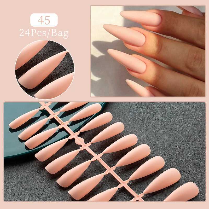 24 tips/setting fake nail tip press nail design wearable full cover almond coffin nail art frosted tip for nail extension toolW250120