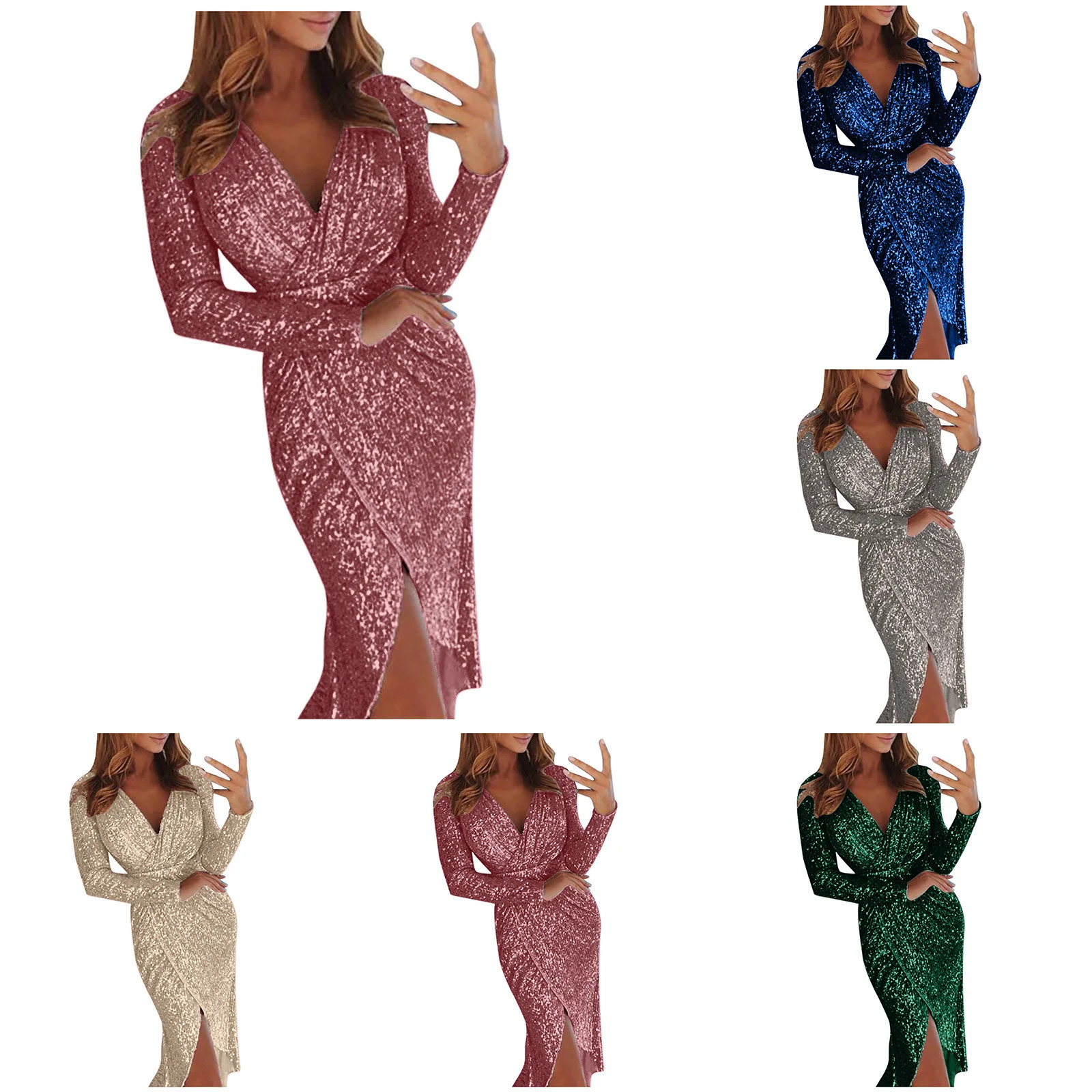 Slim Night Club Party Dress Women Sexy Deep V Sequins Wrap Hip Ruched Long Sleeve Formal Nightclub Performance Costume 241112