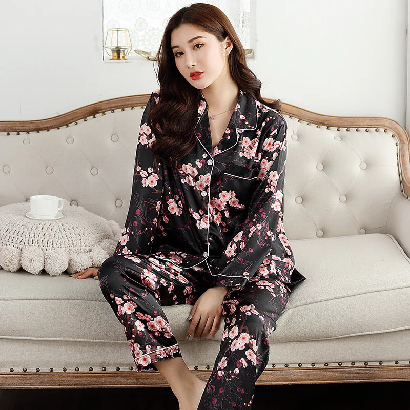 Satin silk womens pajama set pajama button pajama Pigiama Donna pjs winter unprinted pajama 241126