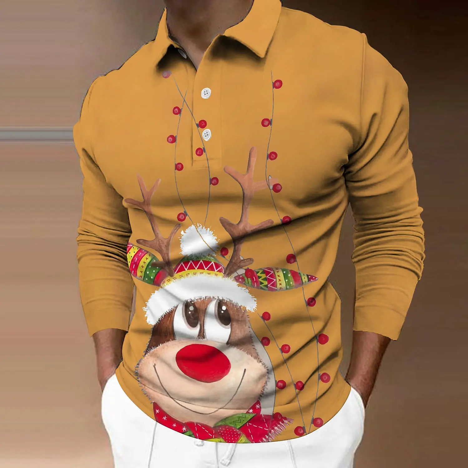 Cartoon Elk 3D Print Mens Long Sleeved Polo T Shirt Casual Lapel Loose Tops Fashion Year Christmas Clothing Autumn Pullover 241126