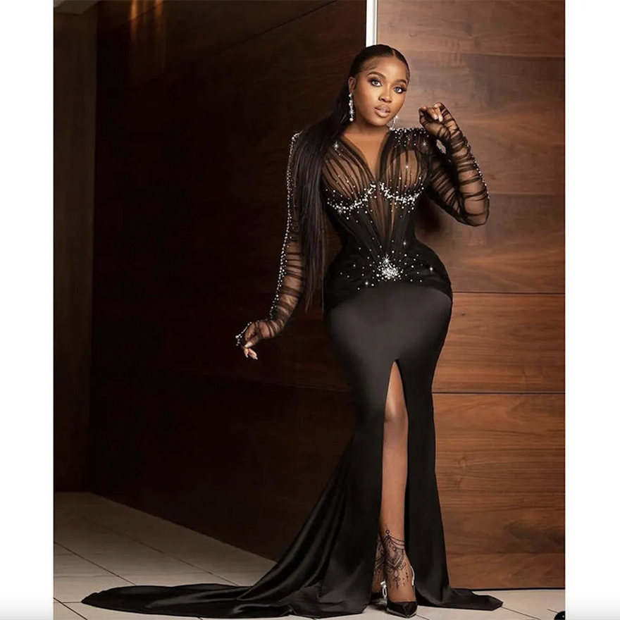 Mermaid African Beading Prom Sexy V Neck Front Split Long Sleeve Evening Gown Satin Outfit Formal Dresses 0509