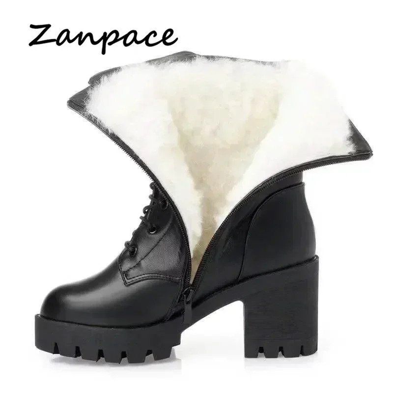 Winter Leather Women Winter Boots Thick Wool Warm Women High-heeled Genuine Boot High-quality Female Snow Boots Women Shoes 241114