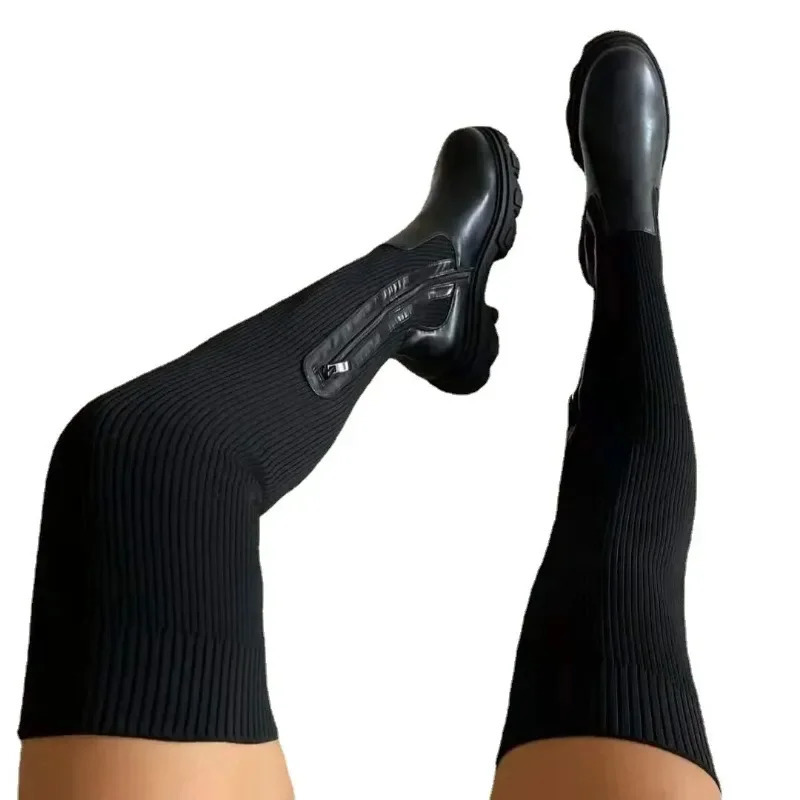 Women Thick Sole Boots Autumn Winter Breathable Knitting Sock Ladies Thigh High Boots Stretch Round Toe Shoes Plus Size 43 241114