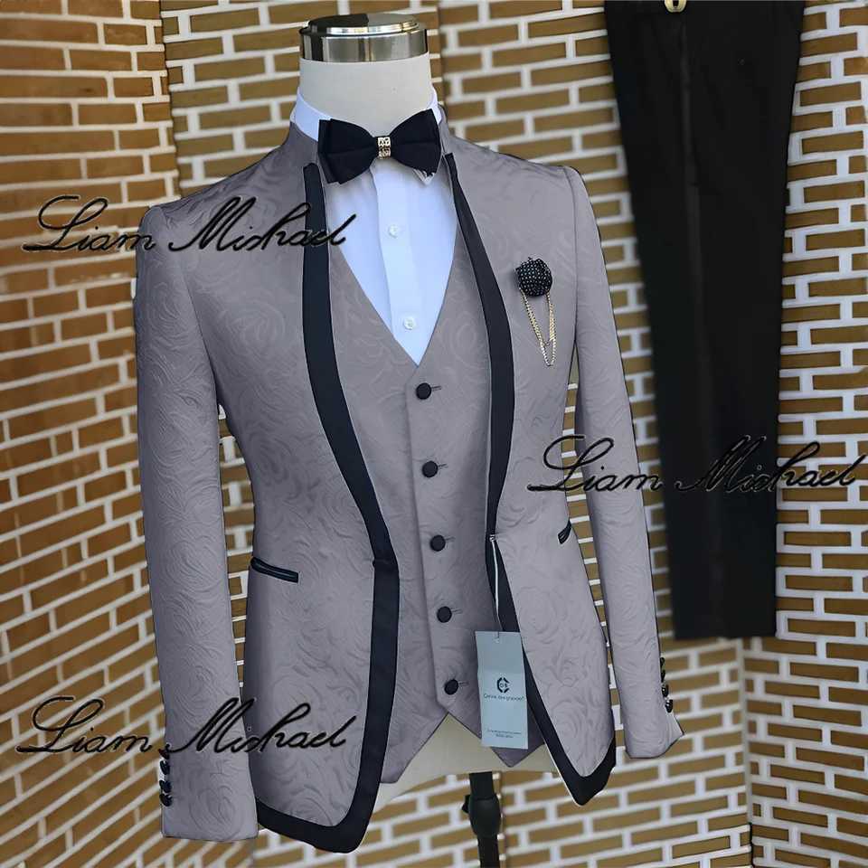 Elegant mens wedding groom evening gown three piece white jacquard jacket vest pants formal party gown customization X241126