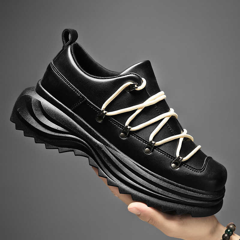 High Quality Internet celebrity niche design strap leather shoes mens trendy ins big head low top thick sole dad shoes fashionable mens shoes T241126