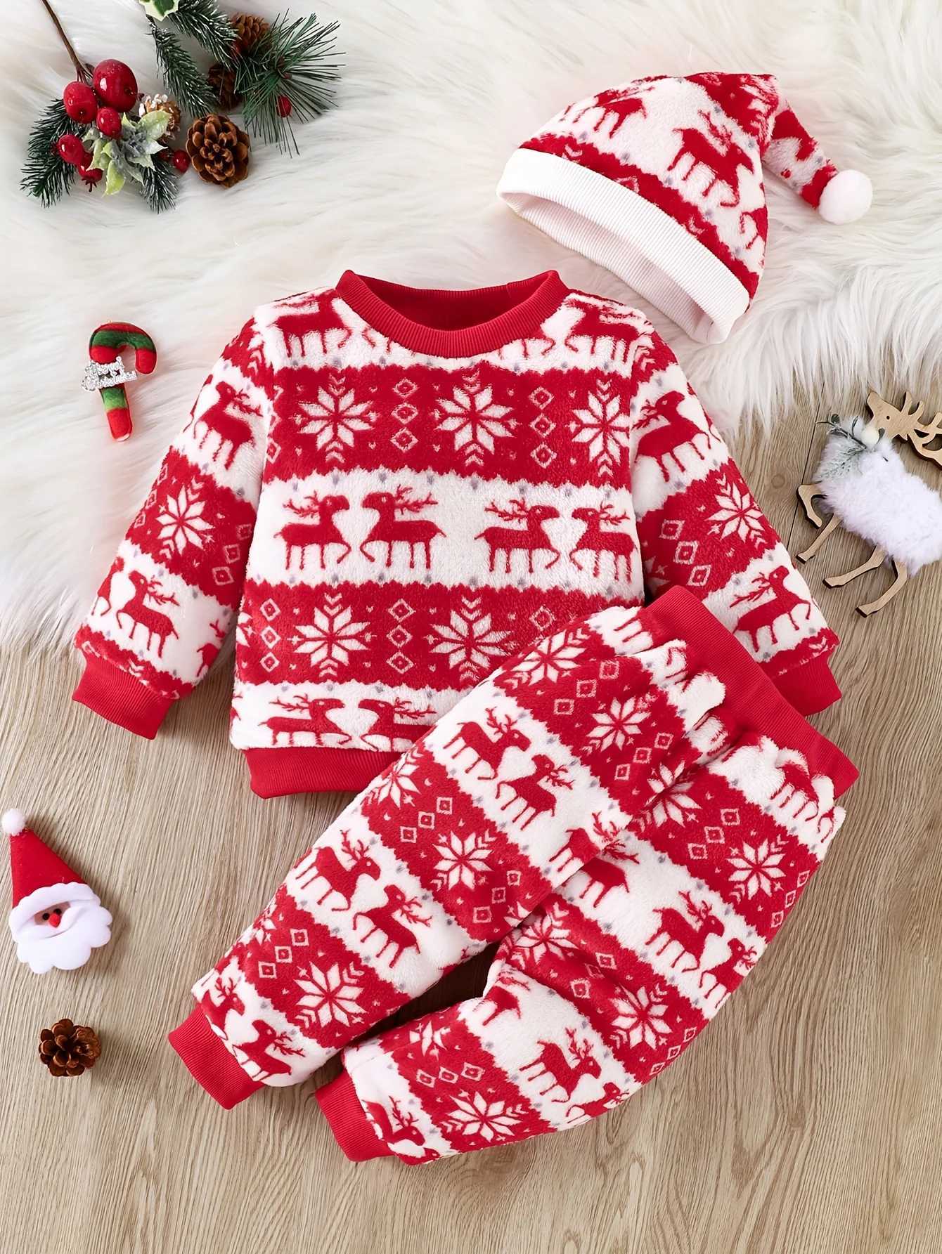 Clothing Sets Christmas 3 Piece Autumn And Winter Cute Comfortable Soft Warm Baby Flannel Round Neck Long Sleeve + Trousers + Hat Set H241126