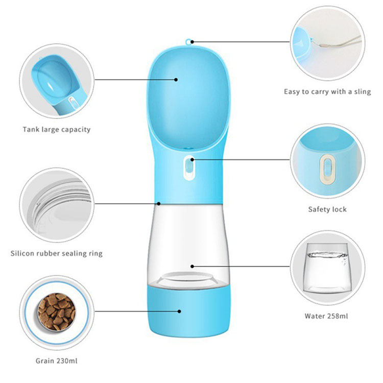 OEM Pet Mascota Portable Plastic 3in1 Multi-fonction Water Bottle Food Feeder Poop Bag Travel bolsa caca perro Dog Water Bottle