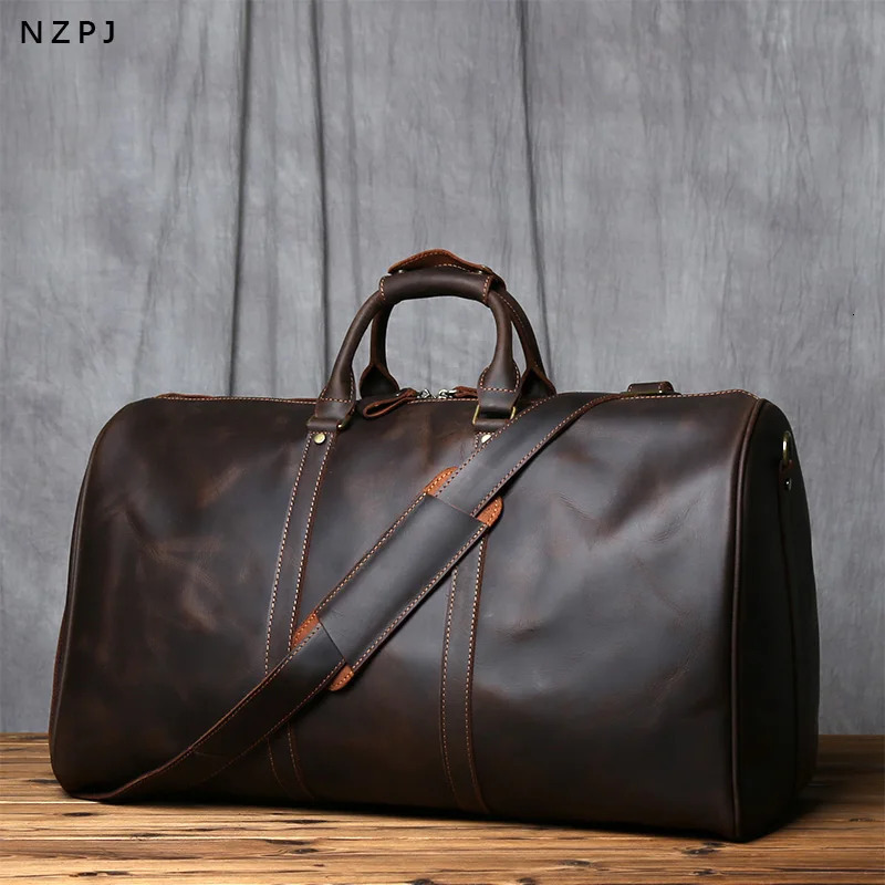 NZPJ Retro Genuine Leather Mens Travel Bag Large Capacity Crazy Horse Leather Handbag Natural Cowboy Shoulder Cross Bag 241125