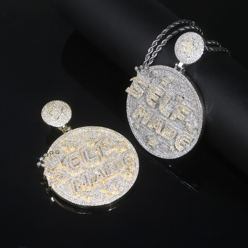 Hip Hop Large Round Plate SELFMANG Letters Pendant Mens Jewelry Full 5A Zircon Rap Jewelry