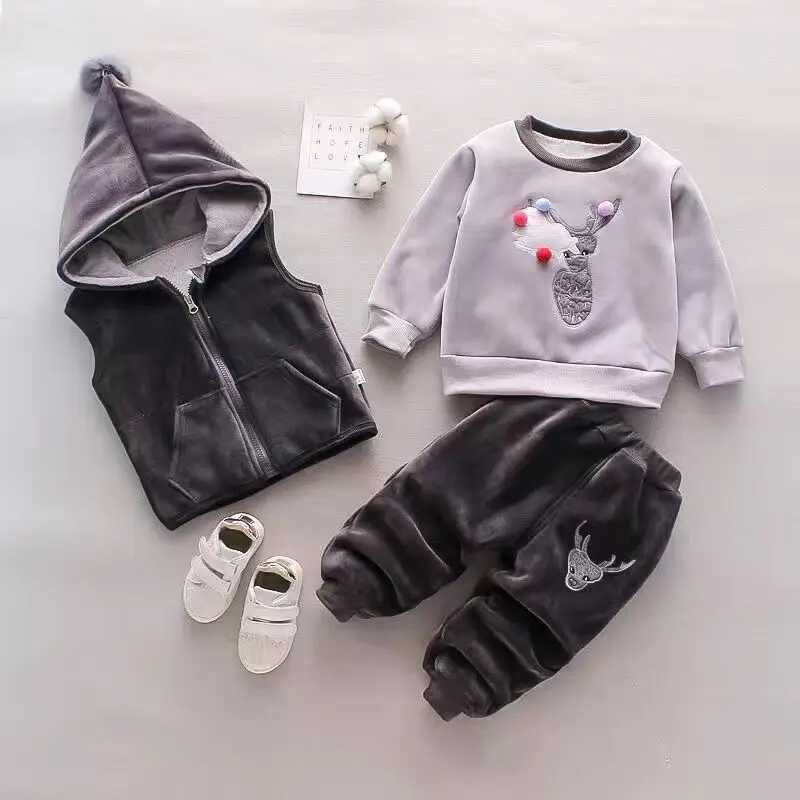 Clothing Sets Baby Girls Clothing Set Autumn Winter Velvet Thick Warm Casual Hooded Sweater Cartoon Elephant 3Pcs Toddler Boys Clothes Suit H241126