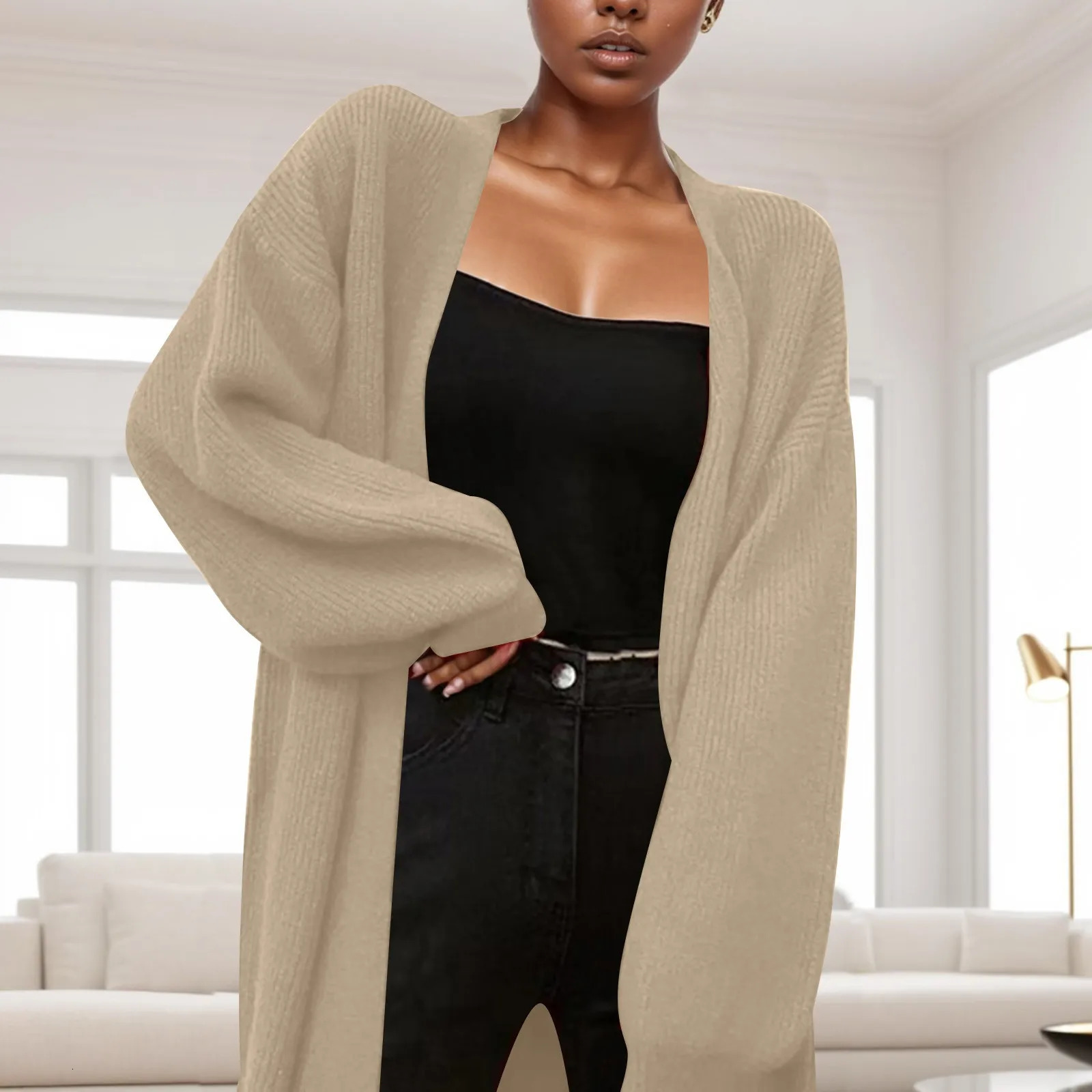 Autumn Winter Long Cardigan WomenS MediumLength Loose Lazy Outer Wear Sweater Knitted Soft Solid Color Cardigans 241112