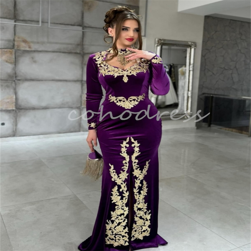 Moroccan Black Evening Dress With Gold Appliques Mermaid Long Sleeve Kosovo Arabic Prom Dress Slit Plus Size Birthday Customized Robe De Mariee Formal
