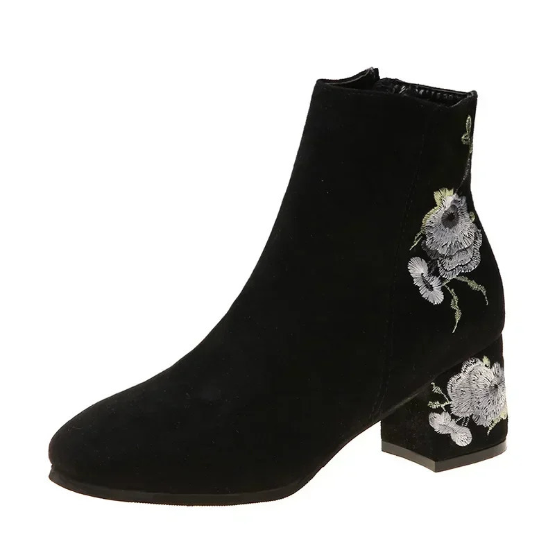 Ethnic style retro floral embroidery short boots for women winter warm printing boots autumn square toe casual ankle boots 241126